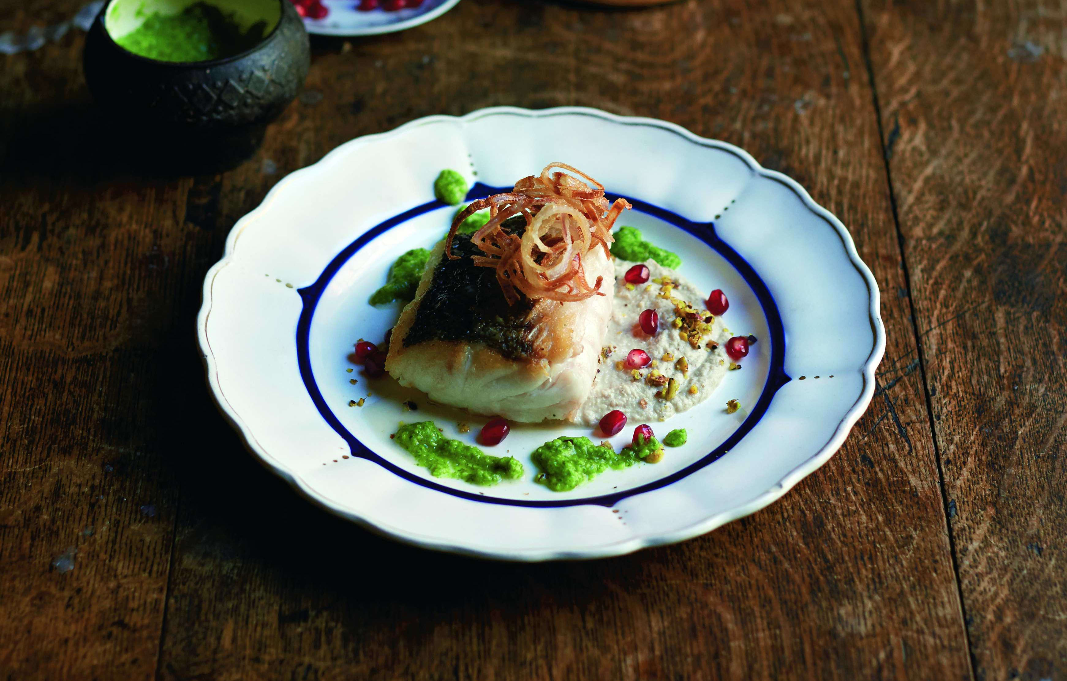 Fish with pistachio & cauliflower sauce& kindzmari.