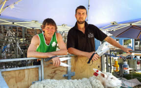 Commercial blade shearers Phil and Allan Oldfield take a break from shearing a mob of sheep on Russell Brodie's farm at Rangitata in South Canterbury.