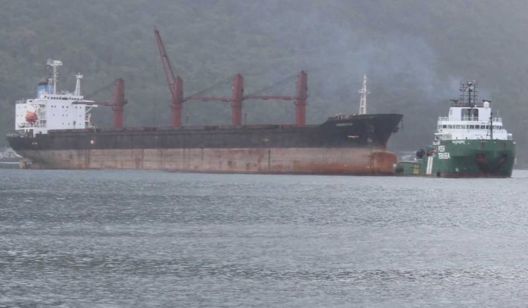 The North Korean cargo ship, Wise Honest, now anchored just off Utulei village shoreline