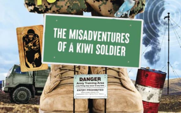 A cover of a book called "NOTHING SIGNIFICANT TO REPORT". A blue sky background, crowded with radio signals, explosives, gun range targets and army trucks.