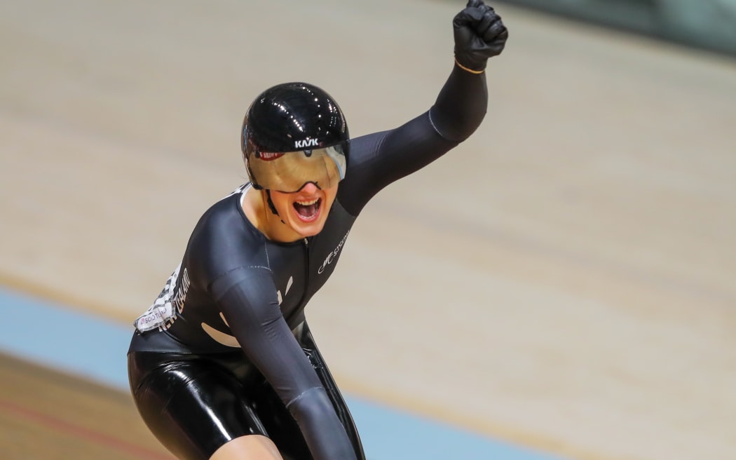 Ellesse Andrews of New Zealand celebrating after their victory in the Women Elite Keirin Final