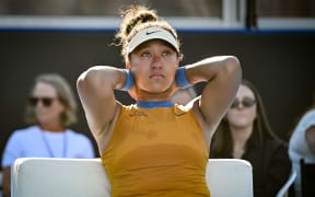 Naomi Osaka of Japan is emotional after forfeiting her match against Clara Tauson of Denmark in the Grand Final singles match of the 2024-25 Women’s ASB Classic.