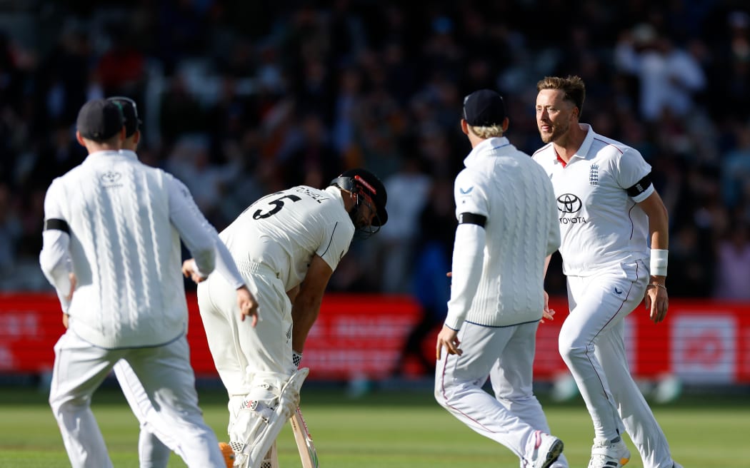 Ollie Robinson of England celebrates bowling out Daryl Mitchell of New Zealand. Lord’s. 2026.
