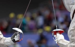 Cecile Demaude (FRA) competes in Wheelchair Fencing Women's Sabre Category B during the Paralympic Games Paris 2024, at Grand Palais, in Paris, France, on September 03, 2024, Photo Marie Lopez-Vivanco / KMSP (Photo by LOPEZ-VIVANCO Marie / KMSP / KMSP via AFP)