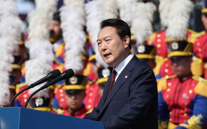 South Korea’s President Yoon Suk-yeol delivers a speech during a ceremony marking the 74th anniversary of Armed Forces Day at the Military Base in Gyeryong city on October 1, 2022. (Photo by YONHAP / YONHAP / AFP) / - South Korea OUT / REPUBLIC OF KOREA OUT  NO ARCHIVES  RESTRICTED TO SUBSCRIPTION USE