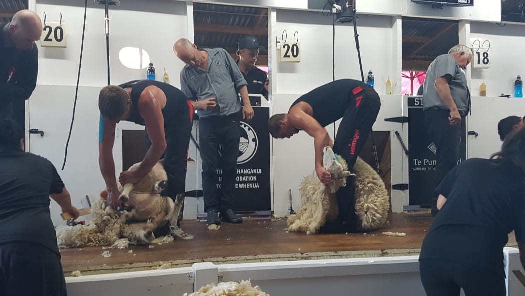 Gavin Mutch (left) closes in on the finish of the Waimarino Shears Open final, just over 20 secods a head of Rowland Smith, whose superior a quality gave him the title an 8th time.