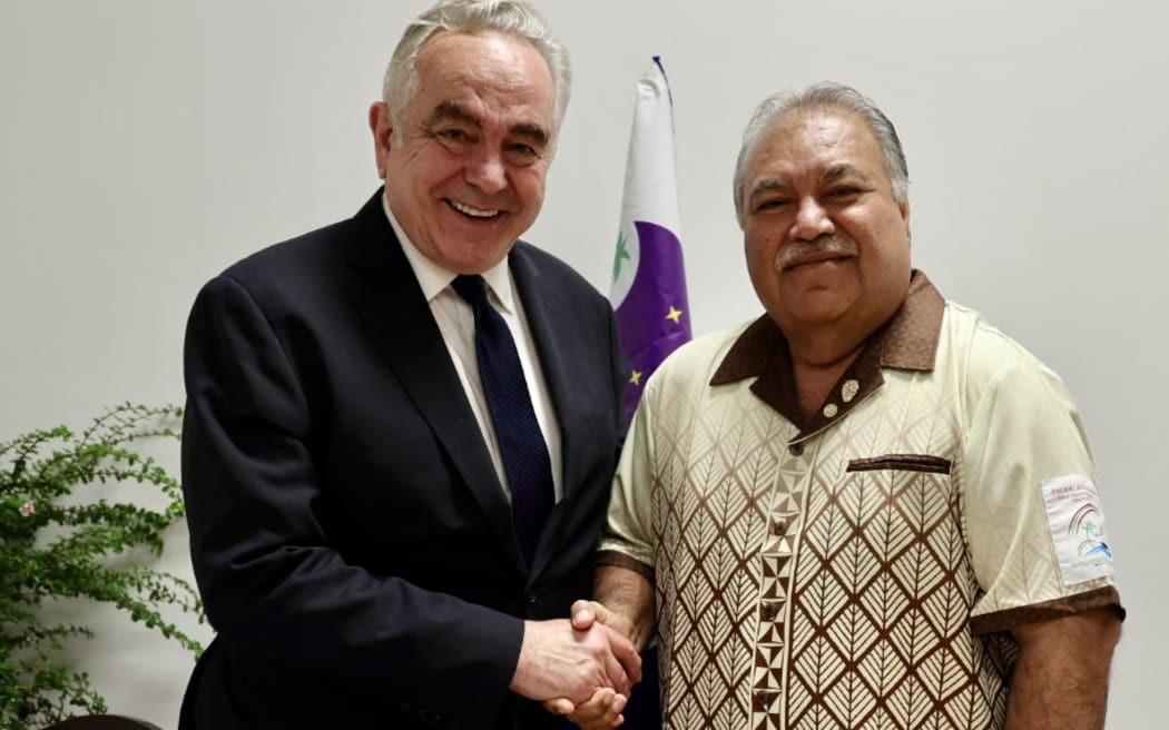 US deputy secretary of State, Kurt Campbell, left, with Pacific Islands Forum secretary general, Baron Waqa in Nuku'alofa, Tonga. 28 August 2024