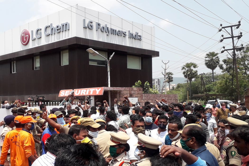 Residents protest in front of LG Polymers plant demanding justice to the gas leak victims, in Visakhapatnam on 9 May, 2020.