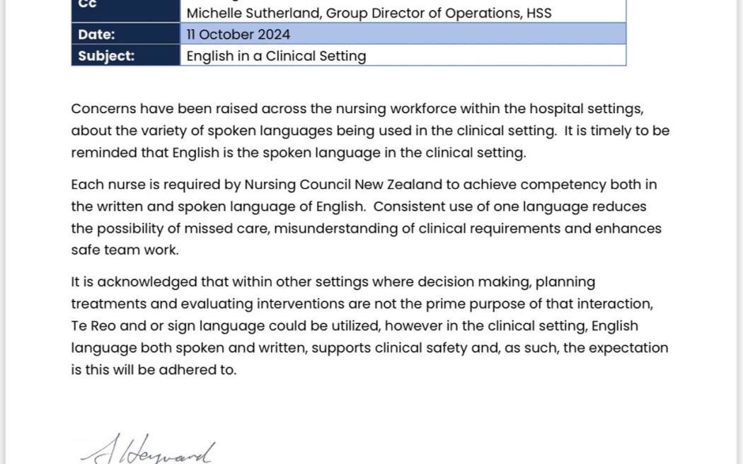 The note sent by Te Whatu Ora to Waikato staff, requiring only English to be spoken.