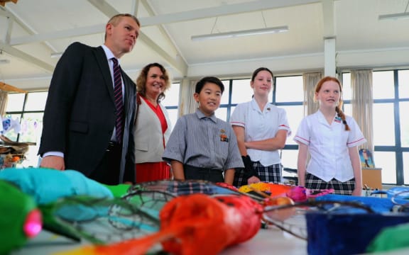 Prime Minister Chris Hipkins and Education Minister Jan Tinetti at at Remuera Intermediate School in Auckland to announce moves to reduce Year 4 to Year 8 class sizes by one to 28 students per teacher by 2025.