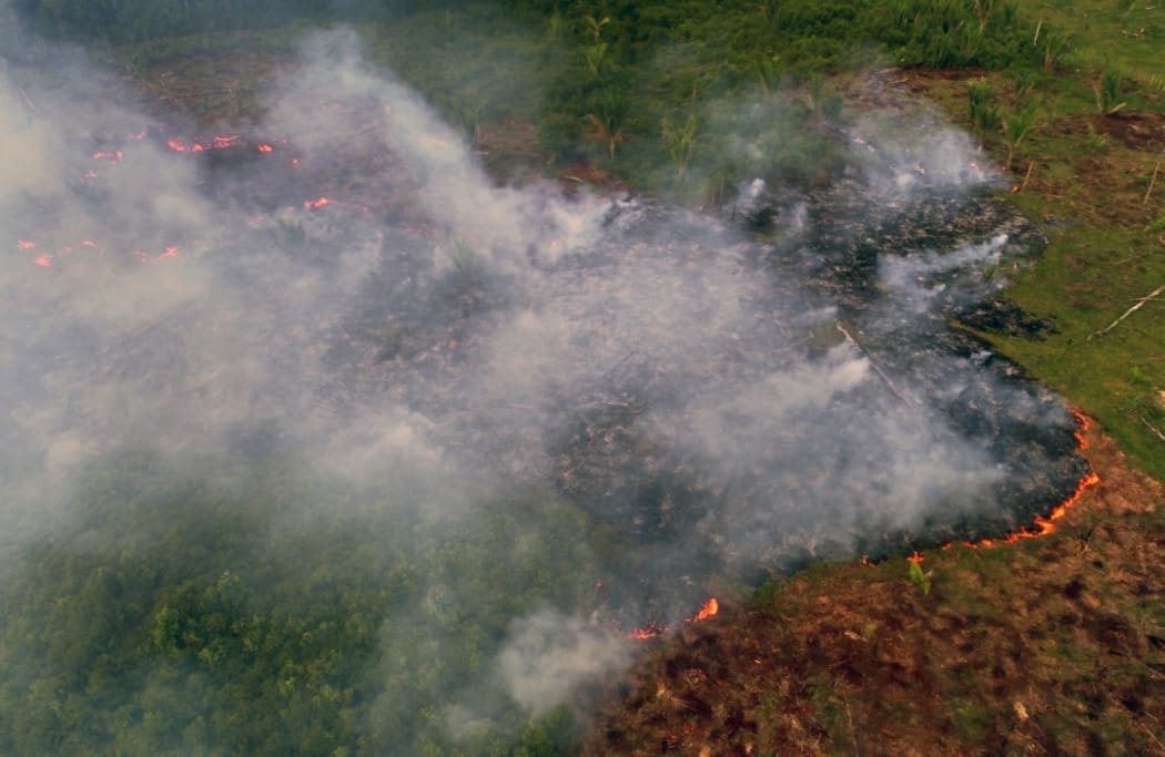 Aerial view of a large forest fire in Ramal do Cinturao Verde, in the Janauaca District, Careiro Castanho, 113 km from Manaus, Amazon.