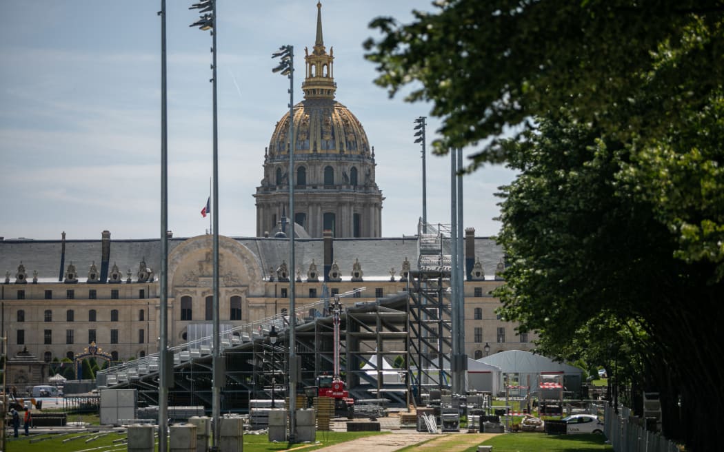 View of the works in front of the Hotel des Invalides in Paris, France on June 07, 2024. The Esplanade des Invalides, is the venue for archery and para archery events during the 2024 Olympic Games. (Photo by Victoria Valdivia / Hans Lucas / Hans Lucas via AFP)