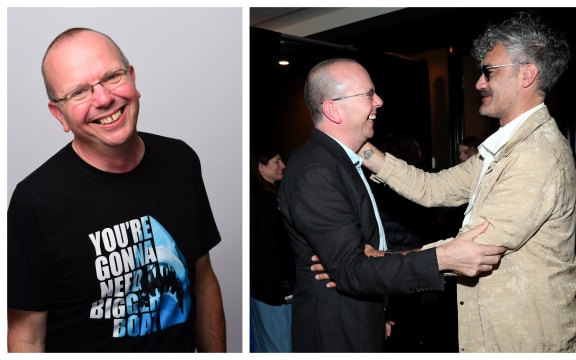 Left: Col Needham's T shirt showcases the iconic line from "Jaws"   Right: Col Needham and Taika Waititi