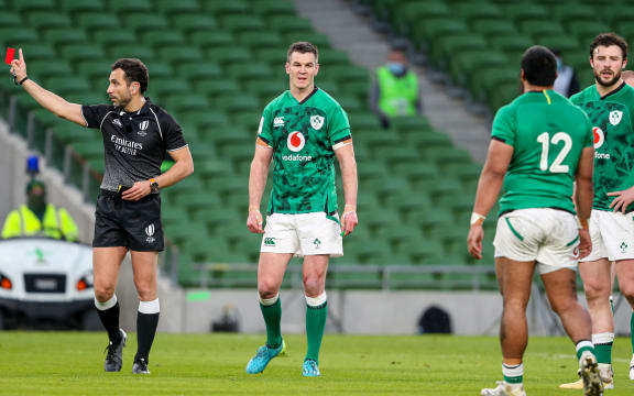 Ireland's Bundee Aki leaves the field after being shown a red card in the Six Nations game against England 2021.