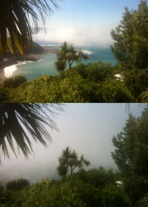 The top photo was taken one minute before the bottom photo. Both look over Houghton Bay.