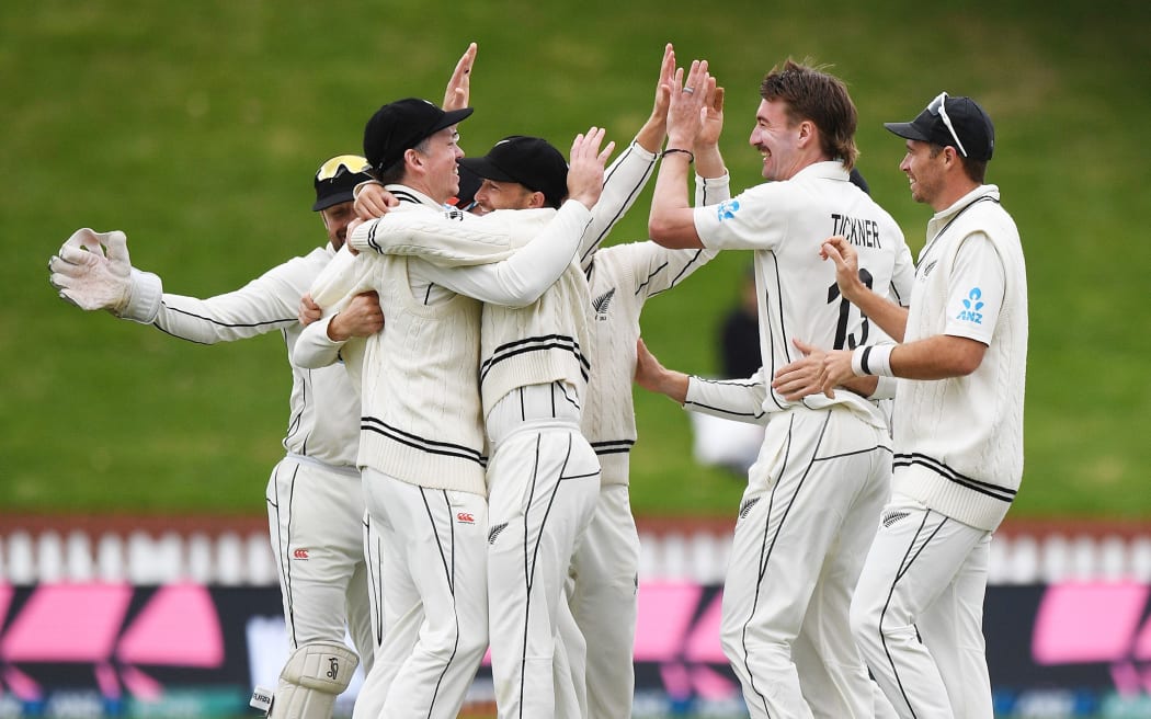 New Zealand player Blair Ticker celebrates the wicket of Angelo Mathews during Day 4 of the 2nd test cricket match New Zealand v Sri Lanka. Basin Reserve, Wellington, New Zealand. Monday 20 March 2023. ©Copyright Photo: Chris Symes / www.photosport.nz