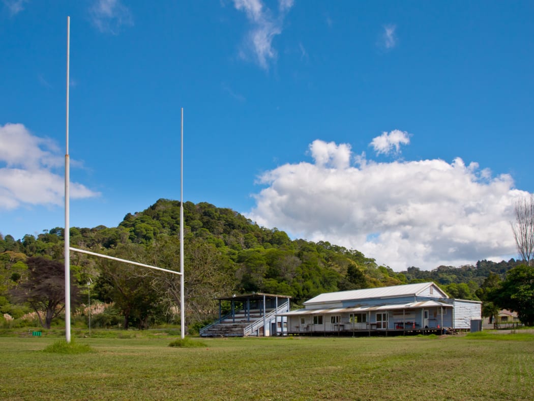 A rugby club and field in Kohukohu, Northland, New Zealand.