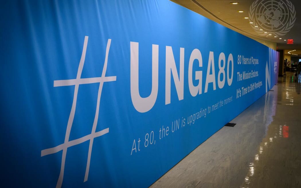 A banner at UN Headquarters on the second day of the general debate of the General Assembly’s eightieth session.