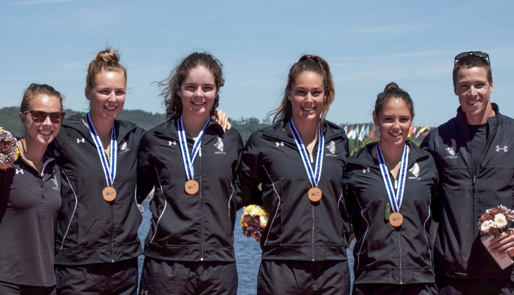 Medal-winners from the final day of the world cup kayaking regatta in Portugal (L-R). Lisa Carrington, Caitlin Ryan, Aimee Fisher, Kayla Imrie, Jaimee Lovett and Marty McDowell.