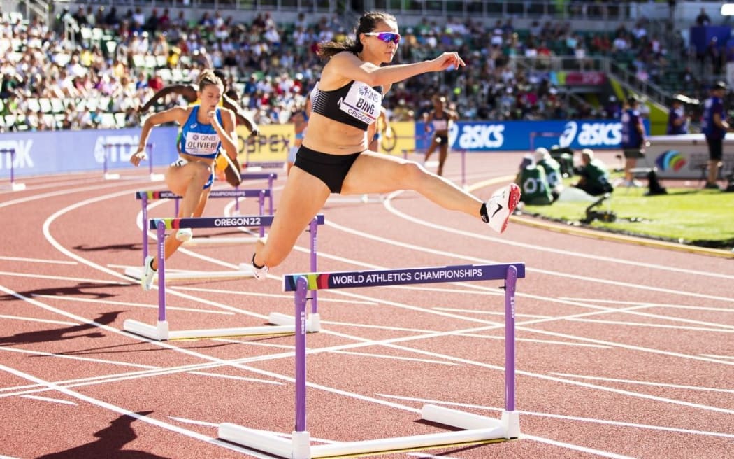 Portia Bing competing in the heats of the 400m hurdles at the World Athletics Championships in Eugene, Oregon, USA.