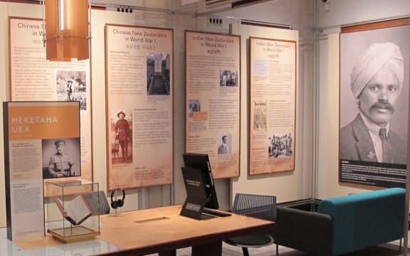 Six large posters installed in the Auckland War Memorial Museum acknowledge the contribution made by Chinese and Indian New Zealanders to New Zealand's First World War military effort.