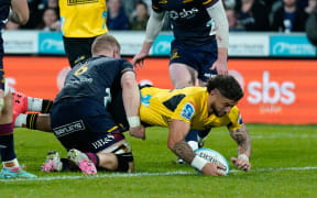 T J Peranara scores for the Hurricanes during their win against the Highlanders in Round 6 of the Super Rugby Pacific on Saturday 30 March, 2024.