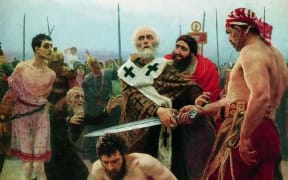 An artist's depiction of Saint Nicholas of Myra saving three men from death.