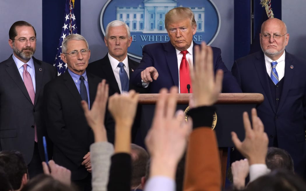 Donald Trump Covid-19 coronavirus with Health and Human Services Secretary Alex Azar, National Institute for Allergy and Infectious Diseases Director Anthony Fauci, Vice President Mike Pence, Centers for Disease Control and Prevention director Robert Redfield at the White House, Feb 29, 2020.