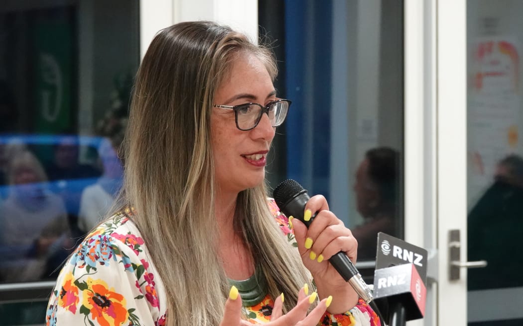 Huhana Lyndon, Green Party candidate for Te Tai Tokerau electorate, speaks at a meeting organised by Kerikeri and Districts Business Association, Cornerstone Church, Kerikeri, 24 August 2023. Photo / Peter de Graaf