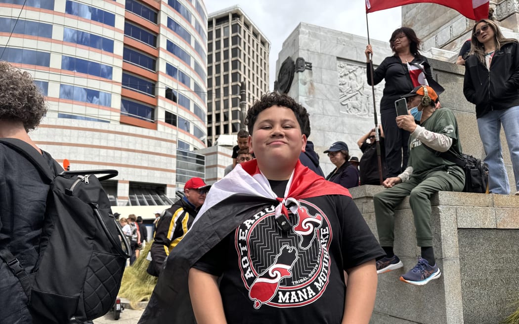 Pourewa Te Rata was one of many tamariki marching for Te Tiriti on Parliament grounds.