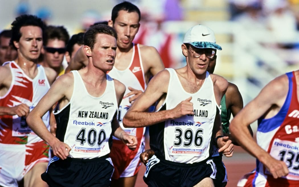 New Zealand's Robbie Johnston (400) and Phil Clode (396) during the Men's 10,000m race at the 1994 Commonwealth Games in Victoria, Canada.