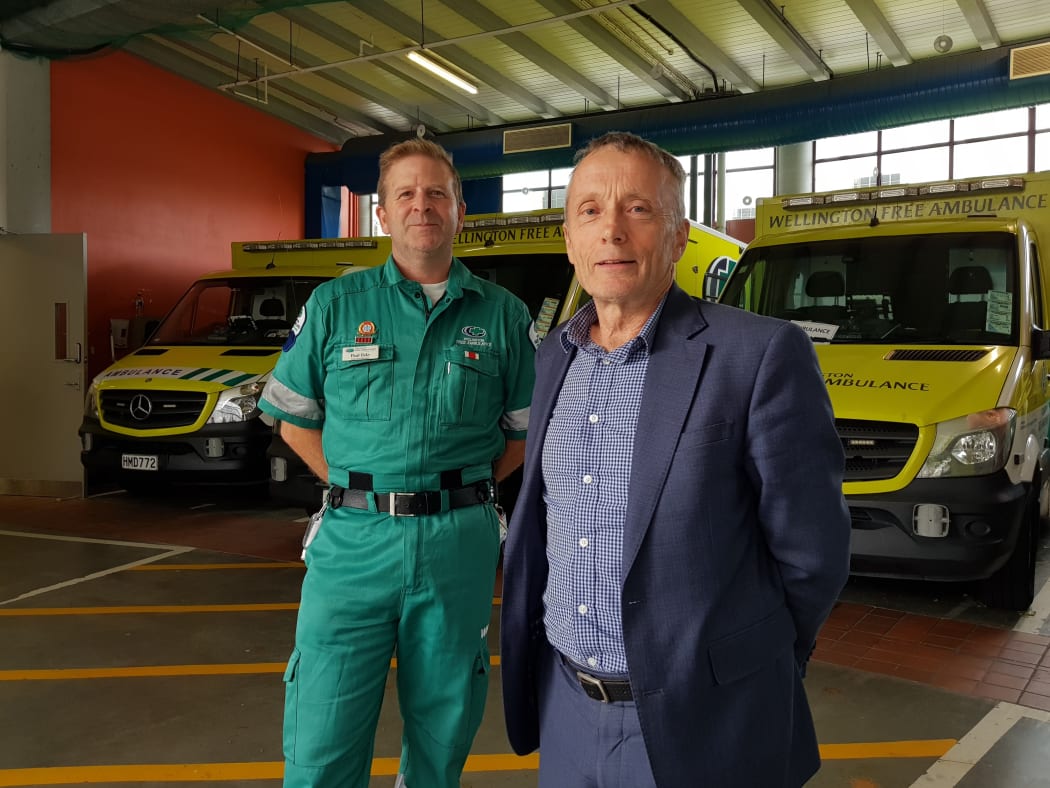 Paul Fake from Wellington Free Ambulance's executive team and Capital & Coast DHB's mental health spokesperson Nigel Fairley at the launch.