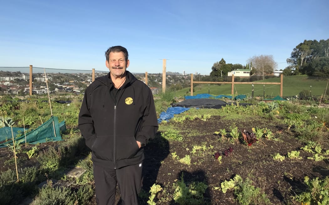 Rob stand in the veggie garden, with lettuce and silverbeet growing beside him.