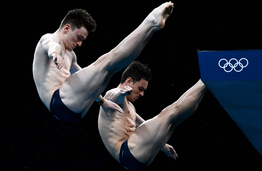 Britain's Thomas Daley and Matty Lee compete during the diving men's synchronised 10m platform final at the Tokyo 2020 Olympic Games at Aquatics Centre in Tokyo, Japan.