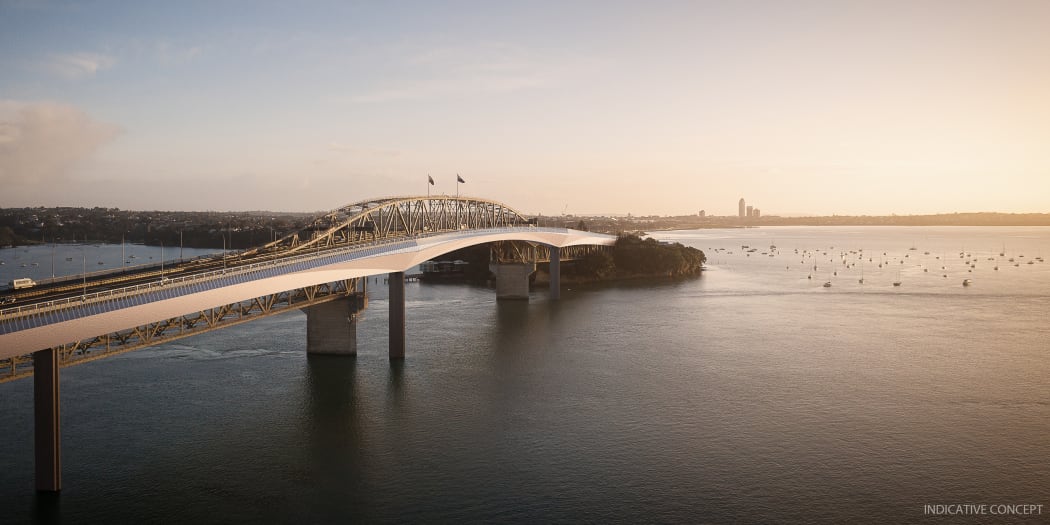 An aerial view of the proposed Northern Pathway Waitemata Harbour crossing.