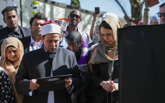 Al Noor Mosque Imam Gamal Fouda speaks at the plaque unveiling with the prime minister on 24 September, 2020.