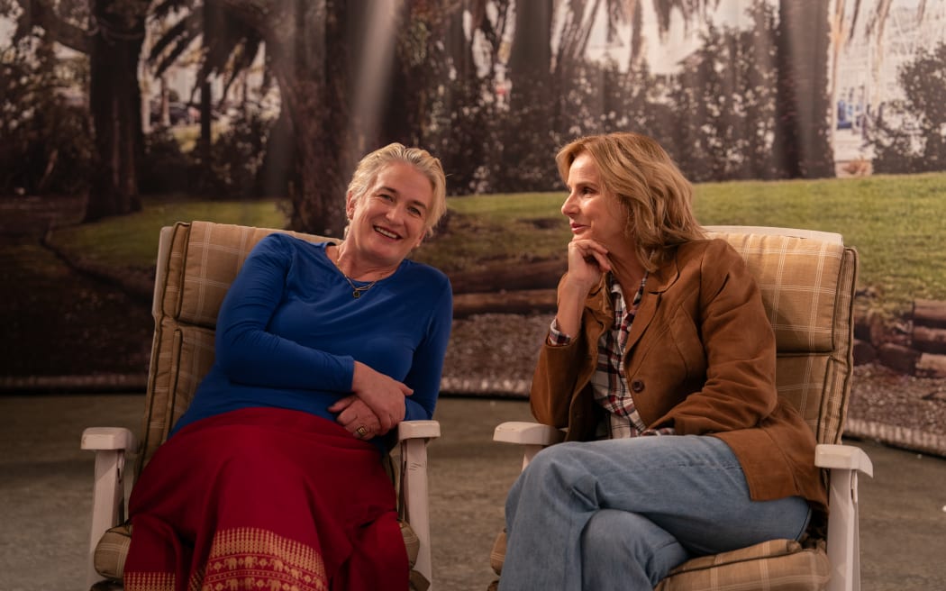 Antonia Murphy and Rachel Griffiths on the set of MADAM