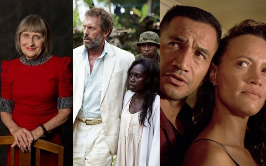 Screen producer Robin Scholes alongside stills from Mr Pip and Once Were Warriors.