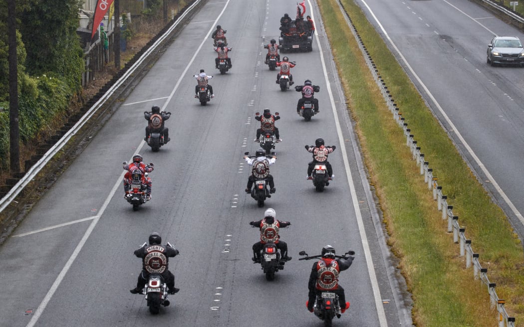 The Mongrel Mob funeral procession on State Highway 2 enroute to the Tapu Whenua Cemetery.