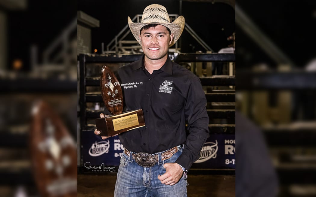 Mervyn Church (Jr) pictured with the Ah One x Church Family Trans-Tasman Indigenous Rodeo Challenge Cup.