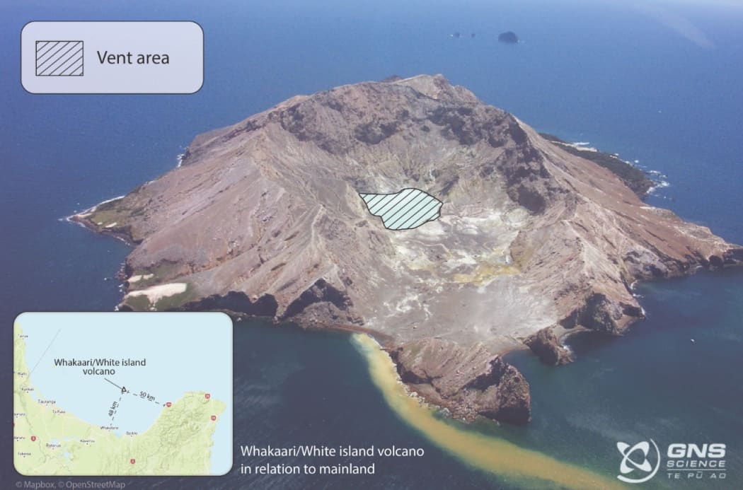 Photo of Whaakari/White Island from 2004 showing the vent area.