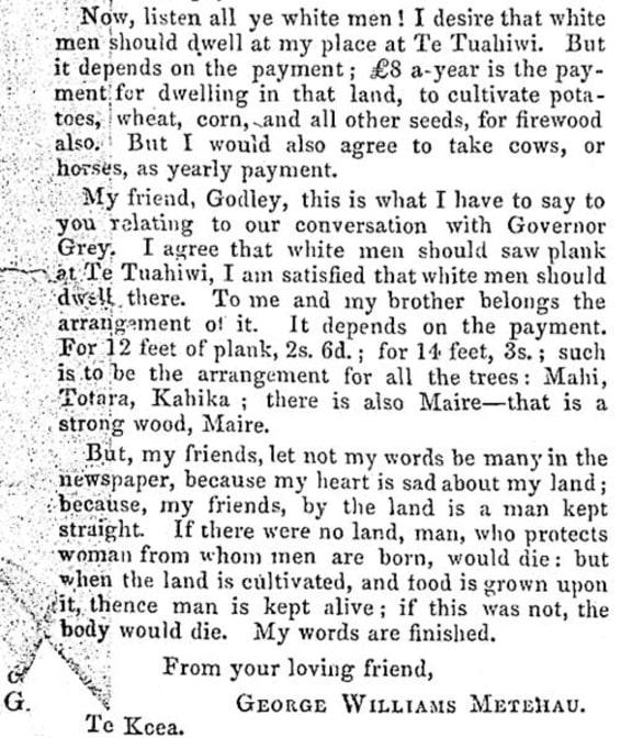 This 1852 'letter to the editor' highlights the agency held by Ngāi Tahu in communicating their intentions for bicultural partnership