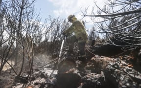 170224 CHRIS SKELTON / POOLFirefighters continue their efforts on Saturday as they work to dampen down remaining hot spots and create a buffer zone around the 24km perimeter fire ground in Christchurch's Port Hills.