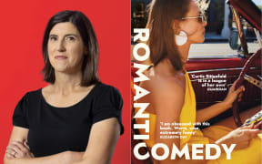 A composite photo of author Curtis Sittenfeld. A photograph of Sittenfeld with her arms crossed on a red background is on the left. On the right is the cover of her book Romantic Comedy, which shows a woman driving a convertible car with it's roof down.