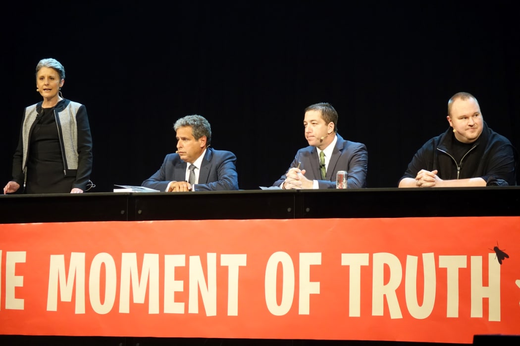From left, Laila Harre, Robert Amsterdam, Glenn Greenwald and Kim Dotcom.