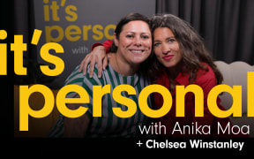 Photo of Anika Moa and guest smiling. They are sitting on the couches where the interview takes place. The podcast title ‘It’s Personal with Anika Moa ’ Is written Plus the guest’s name,