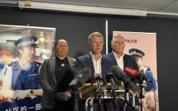 Justice Minister Paul Goldsmith (centre) and Police Minister Mark Mitchell (right) announce the coalition government will introduce new legislation to Parliament to give police and courts greater powers over gangs, on 25 February, 2024.