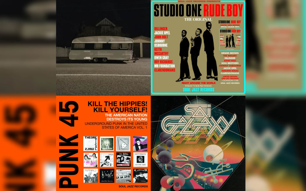 Image compiling various album covers (from top left): All Over Tawa (Burning Log Records), Studio One Rude Boy (Soul Jazz), Punk 45: Kill the Hippies! Kill Yourself! The American Nation Destroys Its Young RSD 2024 Edition (Soul Jazz), Okere EP (SOUNDWAY).