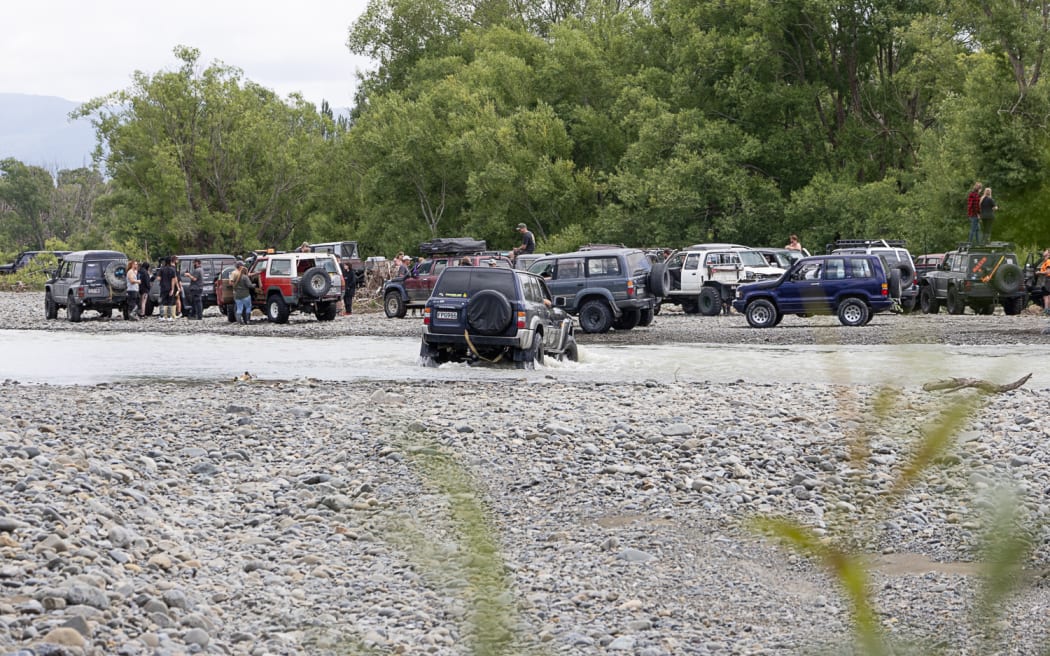 Cars and people at Ashley River on Crate Day. Supplied by Ashley-Rakahuri Rivercare Group
