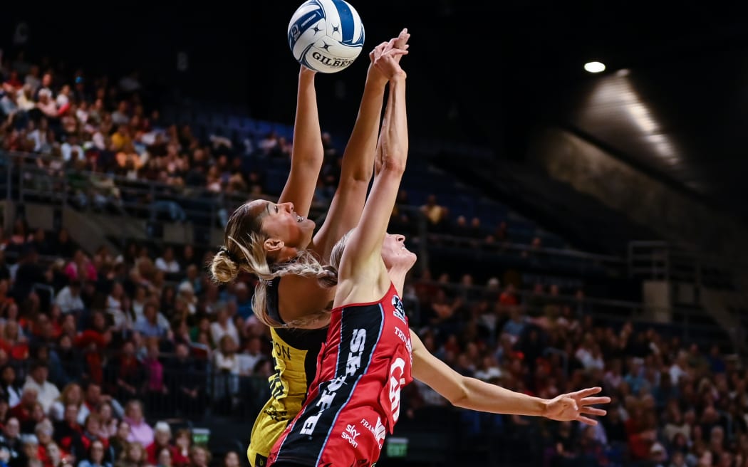 Martina Salmon of the Central Pulse and Jane Watson of the Tactix tussle for the ball  during the ANZ Premiership Netball match, Tactix Vs Pulse, at Wolfbrook Arena, Christchurch, New Zealand, 16th June 2024. Copyright photo: John Davidson / www.photosport.nz